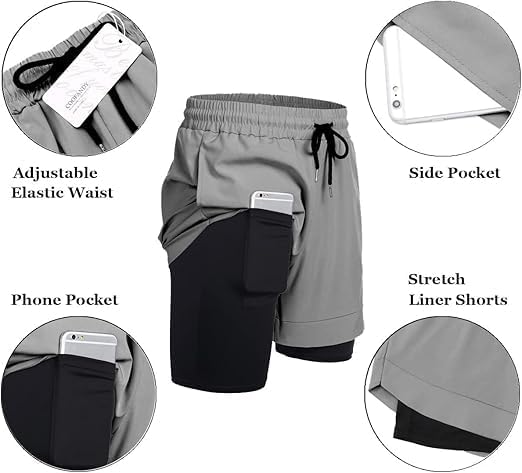 COOFANDY Men's 2 Pack Running Shorts 2 in 1 Workout Shorts Quick Dry Gym Training Athletic Jogger with Phone Pockets