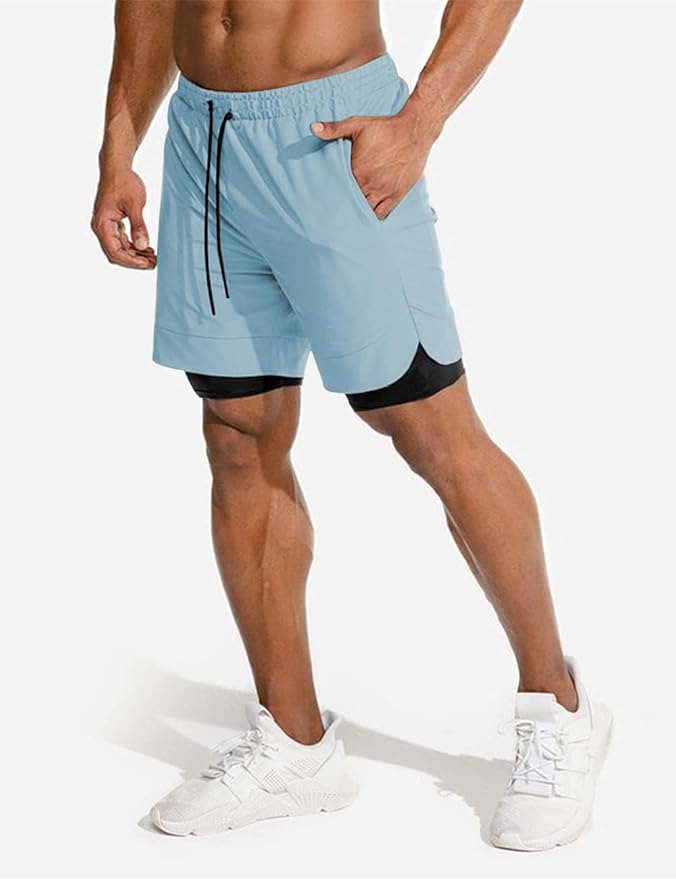 COOFANDY Men's 2 Pack Running Shorts 2 in 1 Workout Shorts Quick Dry Gym Training Athletic Jogger with Phone Pockets