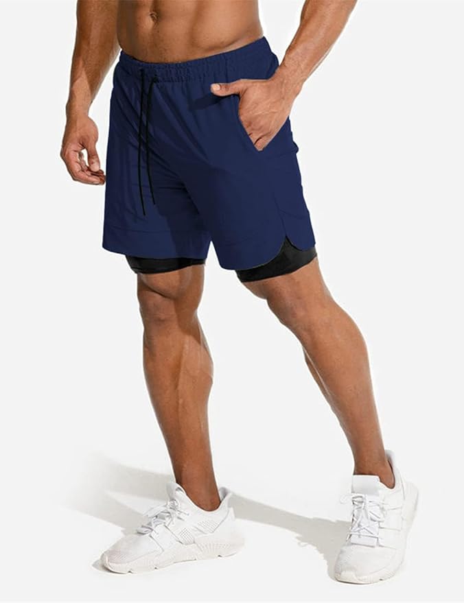 COOFANDY Men's 2 Pack Running Shorts 2 in 1 Workout Shorts Quick Dry Gym Training Athletic Jogger with Phone Pockets