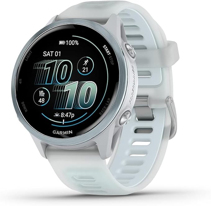 Garmin 010-02970-01 Forerunner 570-42mm GPS Smartwatch Aluminum and Whitestone/Blue Band Bundle with Deco Essentials Charging Dock, Silicone Dust Cover 3 Pack and USB Type C Charging and Sync Cable