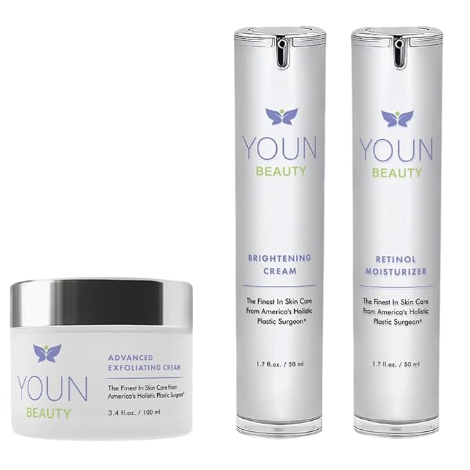 YOUN Beauty Sun Spots Skin Care Set by Holistic Plastic Surgeon Dr. Anthony Youn – Facial Skincare Bundle Includes Retinol Moisturizer, Brightening Face Cream & Advanced Wash-Off Exfoliating Cream