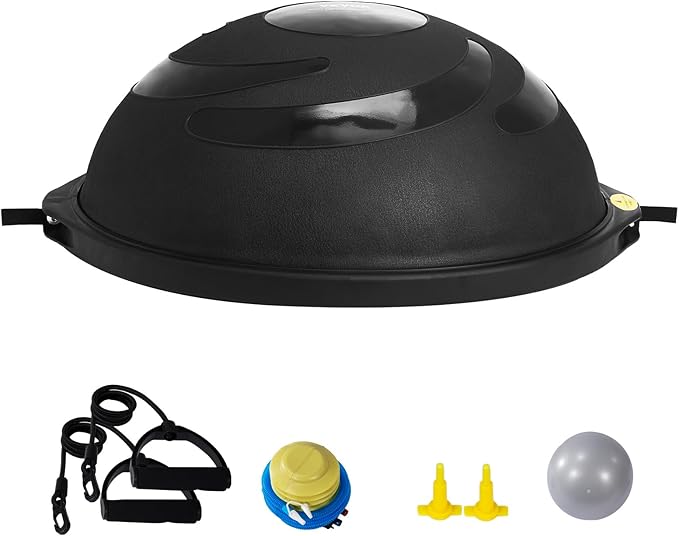 VEVOR Half Exercise Ball Trainer, 23/26 inch Balance Ball Trainer, 1500lbs Capacity Stability Ball, Yoga Ball with Resistance Bands & Foot Pump, Strength Fitness Ball for Home Gym Full Body Workout Black