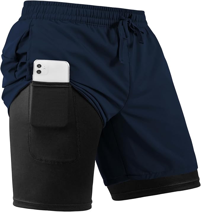 Men's 2 in 1 Athletic Quick Dry Shorts,Running Lightweight,Sweat Wicking Gym Workout Elastic Short