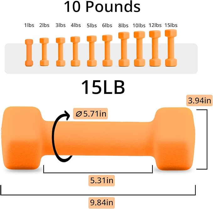 Portzon Weights Dumbbells 10 Colors Options Compatible with Set of 2 Neoprene Dumbbells Set,1-15 LB, Anti-Slip, Anti-roll, Hex Shape for Shoulder,Neck, and Hand Training for Seniors