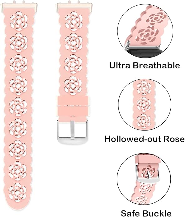 3 Pack Sport Bands Compatible with Samsung Galaxy Fit 3, Slim Lace Breathable Rose Hollowed-out & Leopard Engraved Silicone Replacement Straps Wristbands for Galaxy Fit3 SM-R390 Smart Watch Women Men