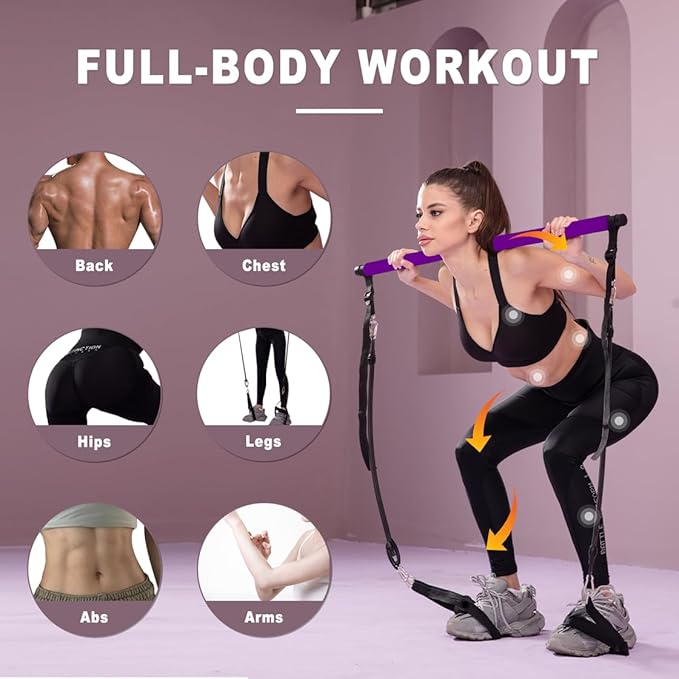 Ultimate Pilates bar kit.Multiple Fitness bar with Resistance Bands, Ab Rollers. Core Strength Training Equipment. Squat Machine for Men and Women. Portable Home Gym