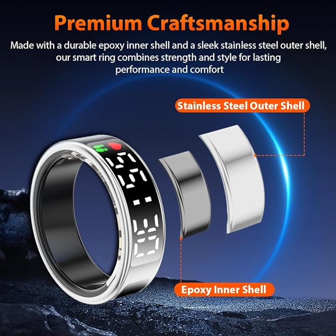 Smart Ring Health Tracker with LED Display Screen, IP68 Waterproof Fitness Tracker, Bluetooth Connection Health Ring Compatible with iOS/Android, Activity Tracker/Heart Rate/Blood Oxygen/Sleep/Step
