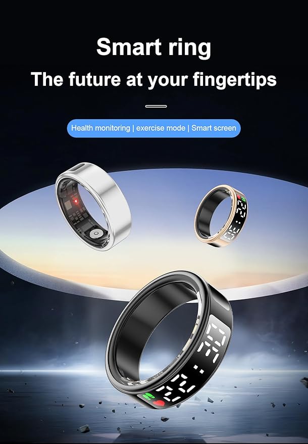 Fitness Tracker Ring, Smart Ring with Display & Charging Case, Accurate Monitoring of Pedometer, Heart & Temperature, IP68 Waterproof, 5-Day Battery Life, Black