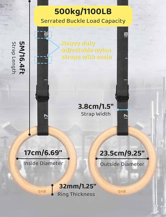 GHB Gymnastic Rings Wooden Gym Rings 1.25'' Training
