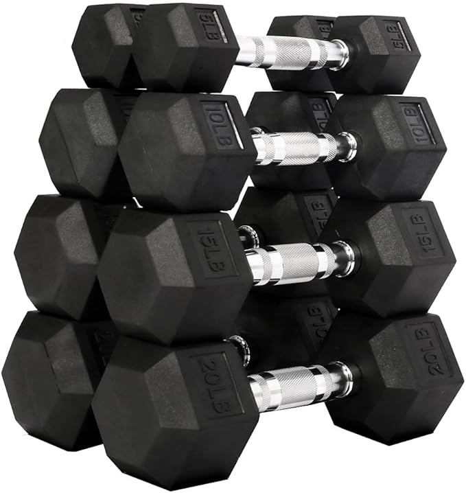 Premium Rubber Coated Hex Dumbbell Weight Set, Multiple Packages