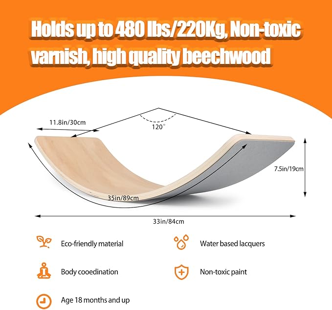 Wobble Balance Board for kids Toddler Open Ended Learning, 35 Inch Natural Wood Rocker Board for Children's Room Yoga Classroom