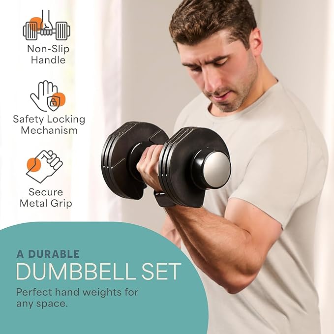 Lifepro Adjustable Dumbbells Set - 5in1-15lb 25lb 43lb weights Set & Single with Rack - Quick Adjust, Secure Grip - Compact Hand Weights for Men Women Home Gym