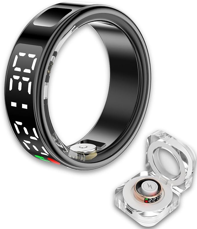 Smart Ring Health Tracker, Wearable Sleep Heart Rate Step Blood Oxygen Tracker, IP68 Waterproof Smart Ring with LED Screen to Track All Your Important Health Indicators
