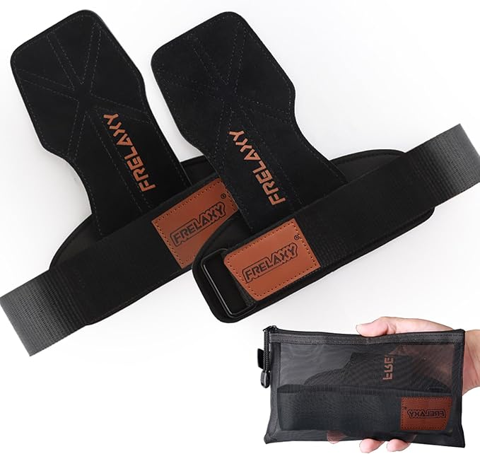 Frelaxy Lifting Wrist Straps Women and Men, Weight Lifting Grips with Cushion Wrist Loop, Double Layer Leather and Storage Pouch, Gym Workout Straps for Deadlift and Powerlifting