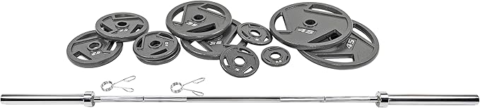 Signature Fitness Cast Iron Olympic 2-Inch Weight Plates Including 7FT Olympic Barbell, 130-Pound, 300-Pound or 325-Pound Set, Multiple Packages