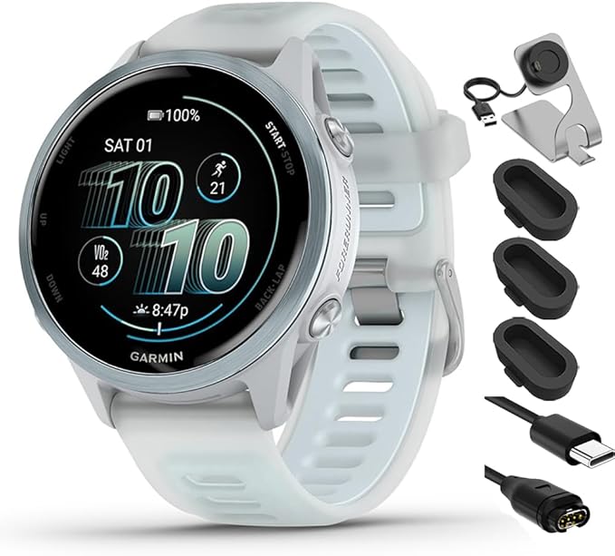 Garmin 010-02970-01 Forerunner 570-42mm GPS Smartwatch Aluminum and Whitestone/Blue Band Bundle with Deco Essentials Charging Dock, Silicone Dust Cover 3 Pack and USB Type C Charging and Sync Cable
