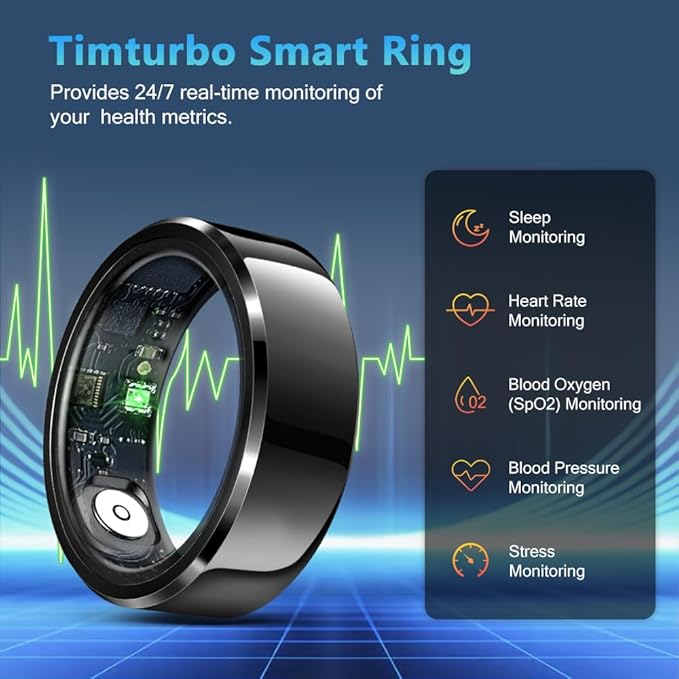 Smart Ring Health Tracker for Men Women, Waterproof Fitness Ring, Bluetooth Connected Health Ring, Activity Tracker Records Steps Distance Calories, Compatible with Android & iOS