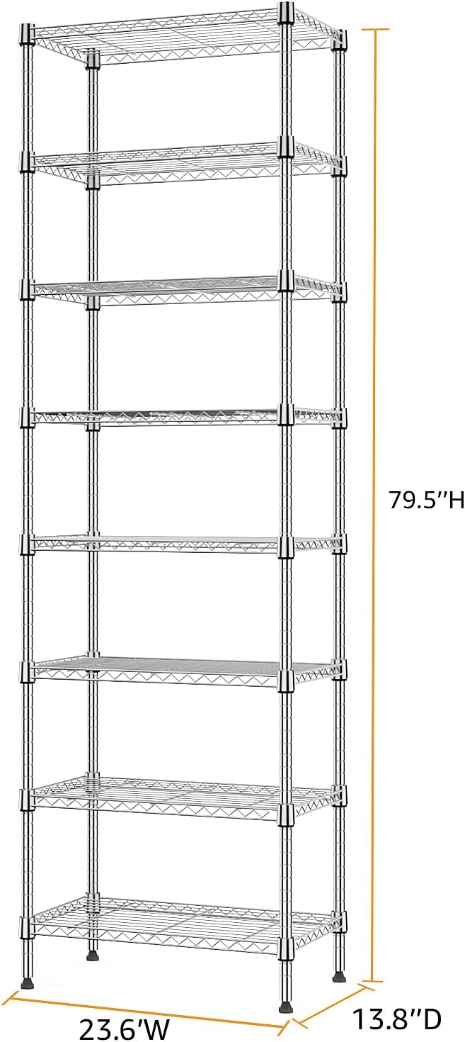 MZG 8 Tier 2000 lbs Storage Rack Metal Wire Shelving Unit, Storage Standing Shelf Organizer for Laundry Bathroom Kitchen Pantry Closet Garage Basement Utility Room, Chrome 13.8" D x 23.6" W x 79.5" H