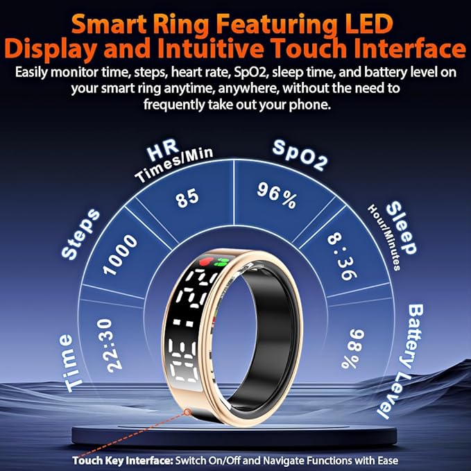 Smart Ring Health Tracker with LED Display Screen, IP68 Waterproof Fitness Tracker, Bluetooth Connection Health Ring Compatible with iOS/Android, Activity Tracker/Heart Rate/Blood Oxygen/Sleep/Step