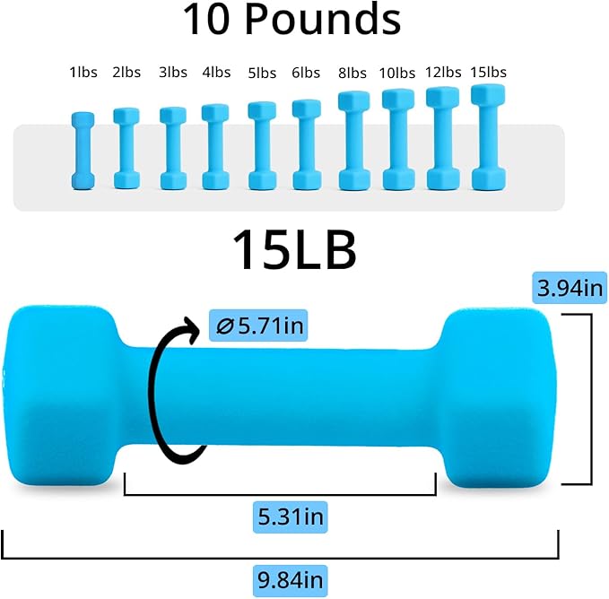 Portzon Weights Dumbbells 10 Colors Options Compatible with Set of 2 Neoprene Dumbbells Set,1-15 LB, Anti-Slip, Anti-roll, Hex Shape for Shoulder,Neck, and Hand Training for Seniors