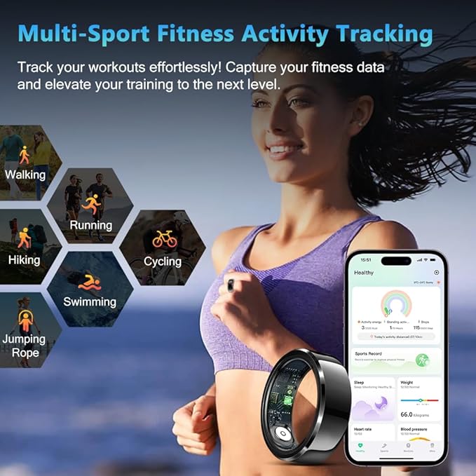Smart Ring Health Tracker for Men Women, Waterproof Fitness Ring, Bluetooth Connected Health Ring, Activity Tracker Records Steps Distance Calories, Compatible with Android & iOS