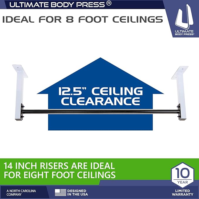 Ultimate Body Press Ceiling Mount Pull Up Bar 8 Foot 48” Straight 14” Risers, 16”and 24” 24” Joist 450lbs, USA