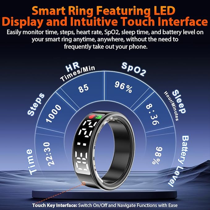 Smart Ring Health Tracker with LED Display Screen, IP68 Waterproof Fitness Tracker, Bluetooth Connection Health Ring Compatible with iOS/Android, Activity Tracker/Heart Rate/Blood Oxygen/Sleep/Step