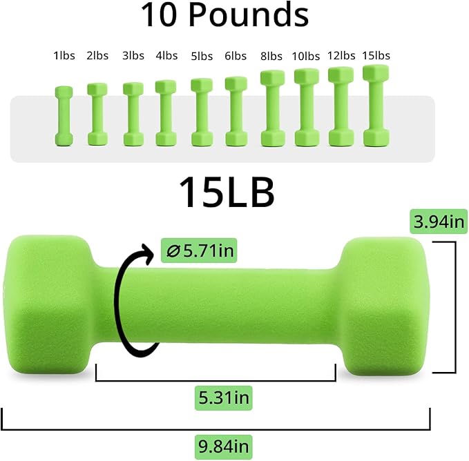Portzon Weights Dumbbells 10 Colors Options Compatible with Set of 2 Neoprene Dumbbells Set,1-15 LB, Anti-Slip, Anti-roll, Hex Shape for Shoulder,Neck, and Hand Training for Seniors
