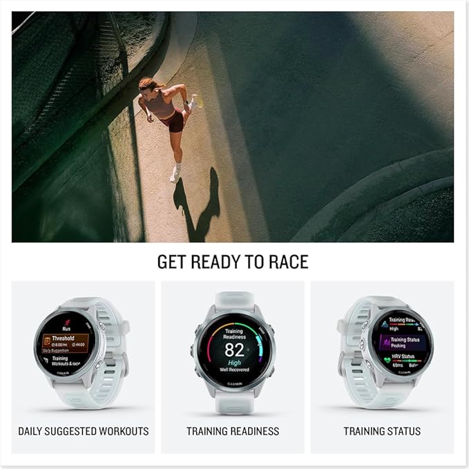 Garmin 010-02970-01 Forerunner 570-42mm GPS Smartwatch Aluminum and Whitestone/Blue Band Bundle with Deco Essentials Charging Dock, Silicone Dust Cover 3 Pack and USB Type C Charging and Sync Cable
