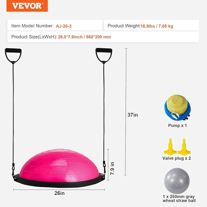 VEVOR Half Exercise Ball Trainer, 23/26 inch Balance Ball Trainer, 1500lbs Capacity Stability Ball, Yoga Ball with Resistance Bands & Foot Pump, Strength Fitness Ball for Home Gym Full Body Workout Black