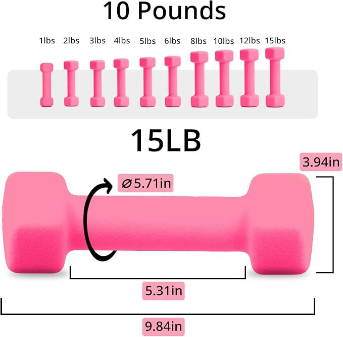 Portzon Weights Dumbbells 10 Colors Options Compatible with Set of 2 Neoprene Dumbbells Set,1-15 LB, Anti-Slip, Anti-roll, Hex Shape for Shoulder,Neck, and Hand Training for Seniors