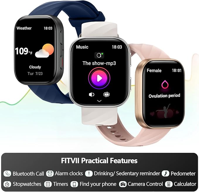 FITVII Health & Fitness Tracker (Answer/Make Calls), Smart Watch with 24/7 Heart Rate and Blood Pressure, Sleep Tracking, Blood Oxygen Monitor, 120+ Sport Mode Activity Tracker for Women Men
