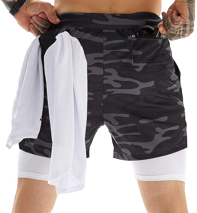 OEBLD Mens Athletic Shorts 2-in-1 Gym Workout Running 7'' Shorts with Towel Loop