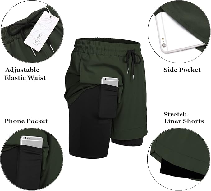 COOFANDY Men's 2 Pack Running Shorts 2 in 1 Workout Shorts Quick Dry Gym Training Athletic Jogger with Phone Pockets