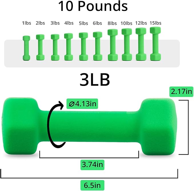 Portzon Weights Dumbbells 10 Colors Options Compatible with Set of 2 Neoprene Dumbbells Set,1-15 LB, Anti-Slip, Anti-roll, Hex Shape for Shoulder,Neck, and Hand Training for Seniors