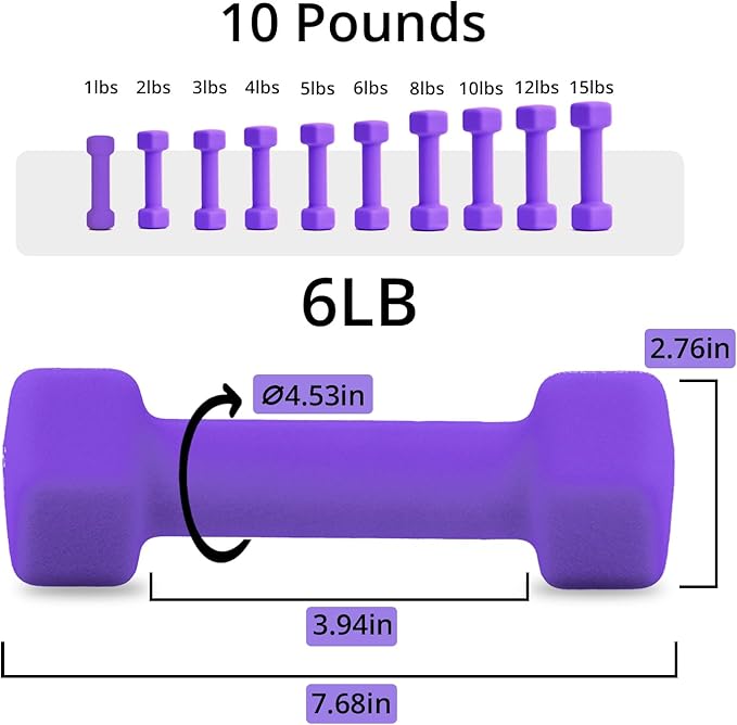 Portzon Weights Dumbbells 10 Colors Options Compatible with Set of 2 Neoprene Dumbbells Set,1-15 LB, Anti-Slip, Anti-roll, Hex Shape for Shoulder,Neck, and Hand Training for Seniors