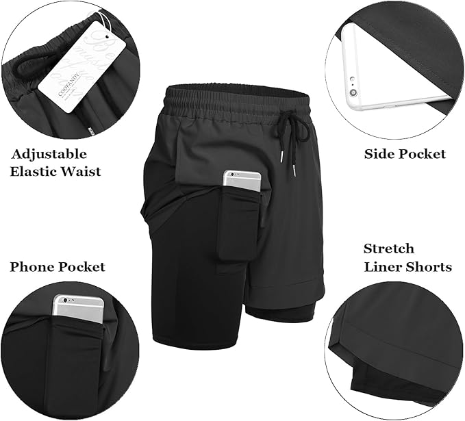 COOFANDY Men's 2 Pack Running Shorts 2 in 1 Workout Shorts Quick Dry Gym Training Athletic Jogger with Phone Pockets
