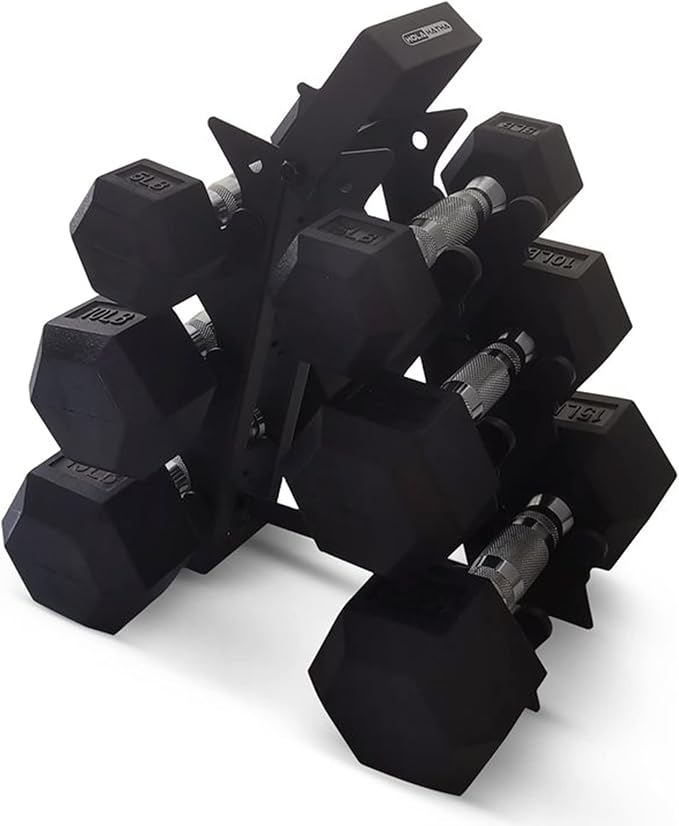 HolaHatha Hexagonal Dumbbell Free Hand Weight Set w/Rack