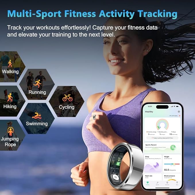 Smart Ring Health Tracker for Men Women, Waterproof Fitness Ring, Bluetooth Connected Health Ring, Activity Tracker Records Steps Distance Calories, Compatible with Android & iOS