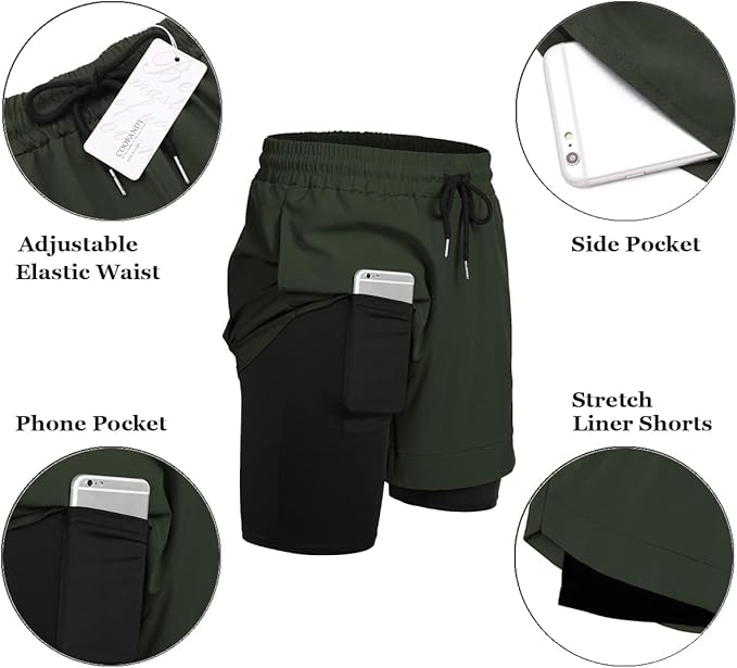 COOFANDY Men's 2 Pack Running Shorts 2 in 1 Workout Shorts Quick Dry Gym Training Athletic Jogger with Phone Pockets