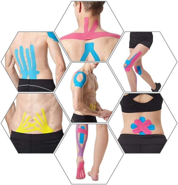 MUEUSS Kinesiology Tape Elastic Cotton Athletic Tape Precut Strips,Waterproof Tape for Protects Muscles,Knees,Shoulders Plantar Fasciitis Pain Relief,Pregnancy Belly Tape (2rolls Black&Pink)