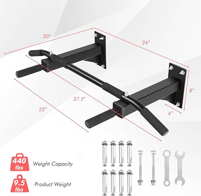 Goplus Wall Mounted Pull Up Bar 3 Grip 440 LBS