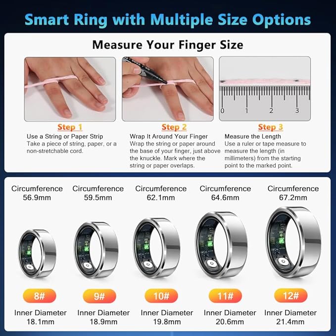 Smart Ring Health Tracker for Men Women, Waterproof Fitness Ring, Bluetooth Connected Health Ring, Activity Tracker Records Steps Distance Calories, Compatible with Android & iOS