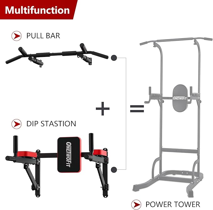ONETWOFIT Wall Mounted Power Tower Pull Up Bar Station Workout Dip Station,Multi-Function Chin Up Bar Exercise Power Tower Set Training Equipment Support to 440Lbs