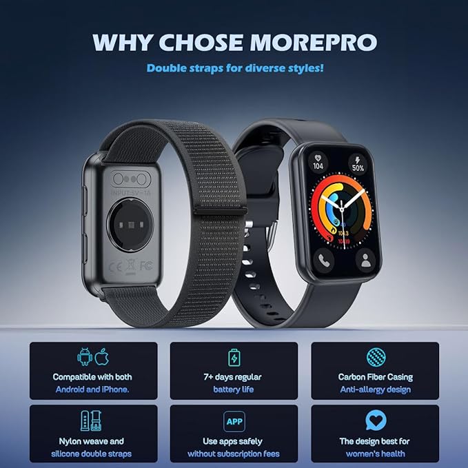 MorePro AIR2 Fitness Tracker, Smart Watch with 24/7 Heart Rate and Blood Pressure, Step Calorie Counter, Sleep & Blood oxy-gen Monitor, IP68 Waterproof Fitness Watch for Women Men Android iOS(Black)