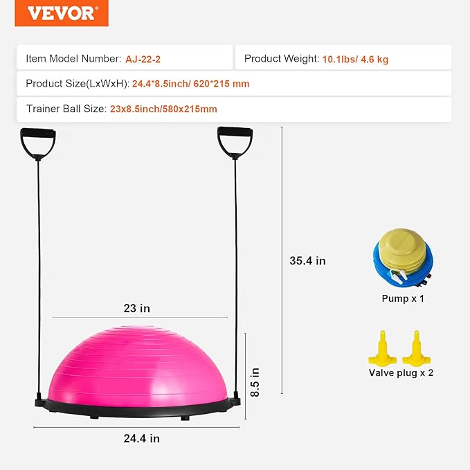 VEVOR Half Exercise Ball Trainer, 23/26 inch Balance Ball Trainer, 1500lbs Capacity Stability Ball, Yoga Ball with Resistance Bands & Foot Pump, Strength Fitness Ball for Home Gym Full Body Workout Black