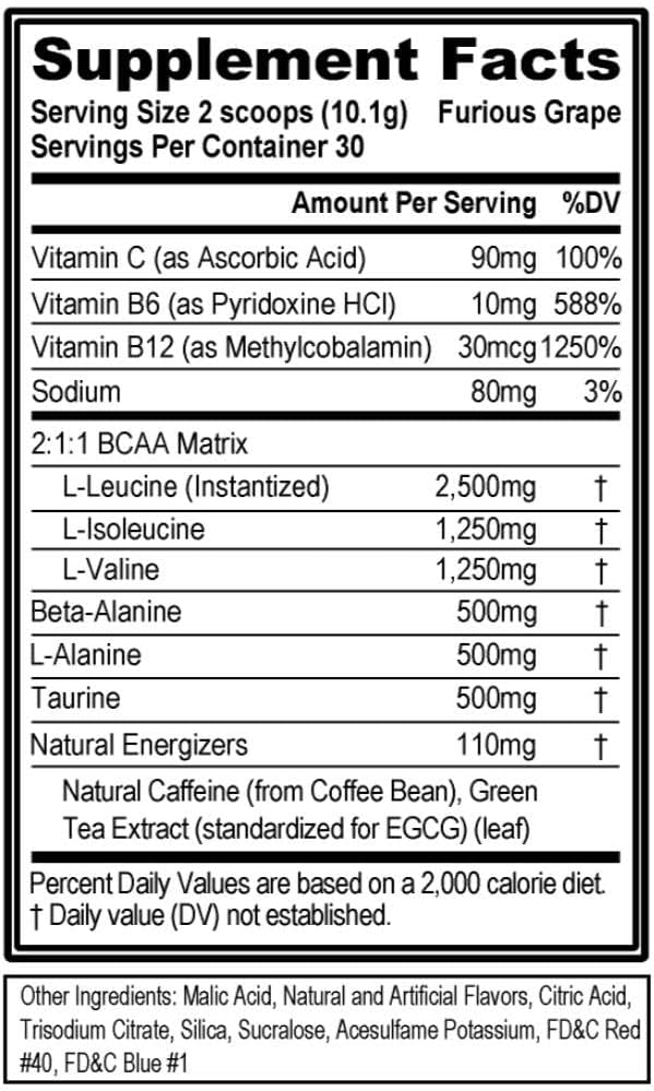 EVL BCAAs Amino Acids Powder - BCAA Energy Pre Workout Powder for Muscle Recovery Lean Growth and Endurance - Rehydrating Post Workout Recovery Drink with Natural Caffeine - Furious Grape