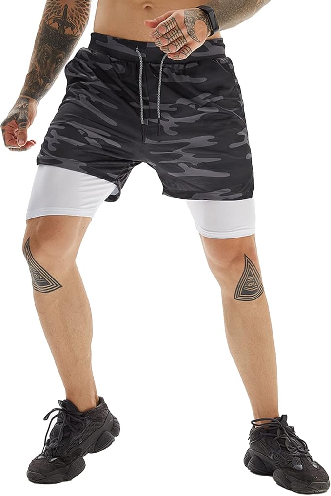 OEBLD Mens Athletic Shorts 2-in-1 Gym Workout Running 7'' Shorts with Towel Loop