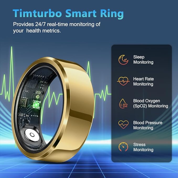Smart Ring Health Tracker for Men Women, Waterproof Fitness Ring, Bluetooth Connected Health Ring, Activity Tracker Records Steps Distance Calories, Compatible with Android & iOS