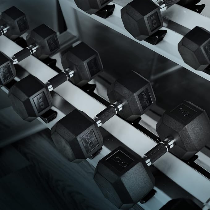 Yes4All Rubber Grip Encased Hex Dumbbell – Hand Weights With Anti-Slip 5-50 LBS Single